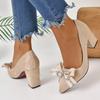 Fashion Aphixta Beige Crystal Bow With Letters 7cm Heels Pumps Women Students And Adults Pointed Toe Flock Suede Shoes Plus Size 30-50