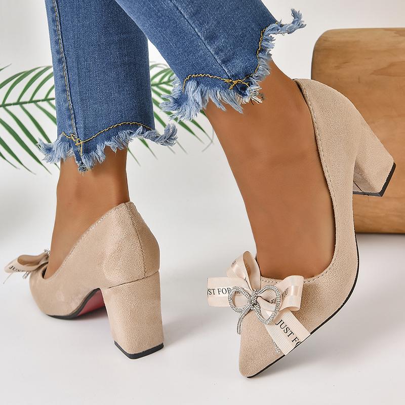 Fashion Aphixta Beige Crystal Bow With Letters 7cm Heels Pumps Women Students And Adults Pointed Toe Flock Suede Shoes Plus Size 30-50