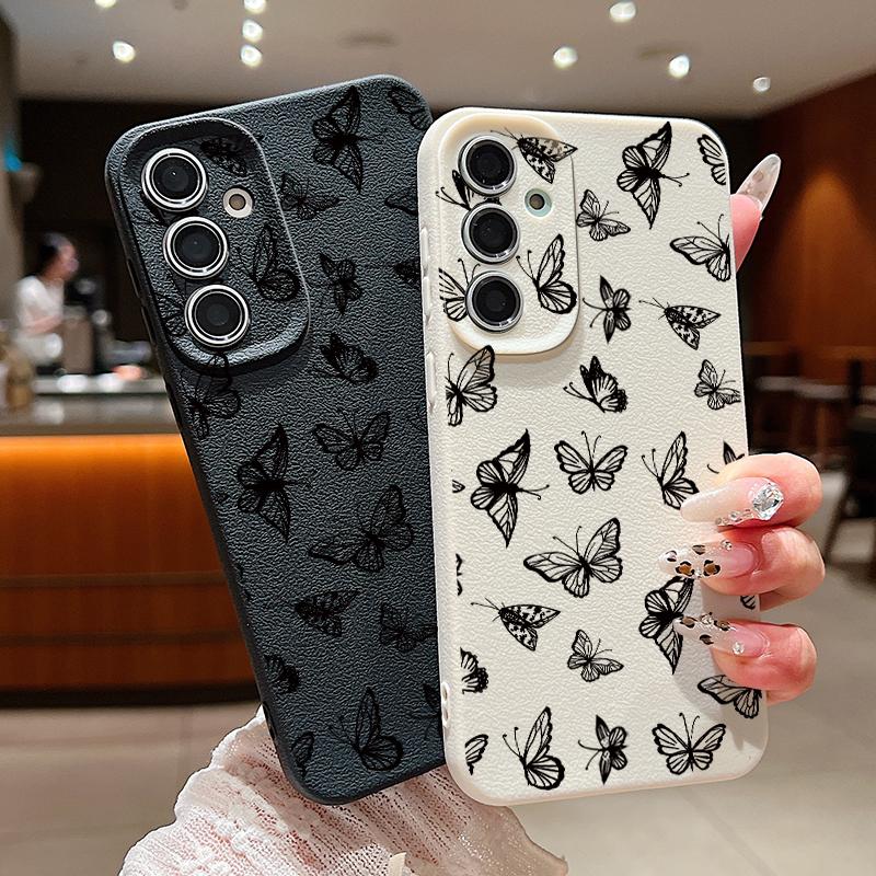 Stoßfeste, matte und schlanke Handyhülle mit Schmetterlingsdruck für Samsung S25 Ultra S24 FE S23 S22 A36 A56 A16 A55 A26 A15 A35, Ledertextur, TPU, weiche Rückseite