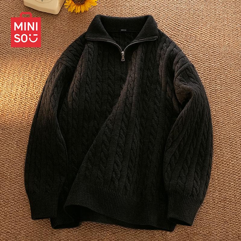 

MINISO Men s Cable Knit Half-Zip Stand-Collar Sweater 3XL
