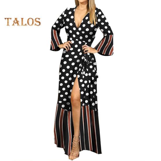 

Женское летнее платье-макси с запахом, длинным рукавом, глубоким V-образным вырезом, принтом в горошек, со шнуровкой, разрезом, струящееся длинное пляжное платье XL чёрный