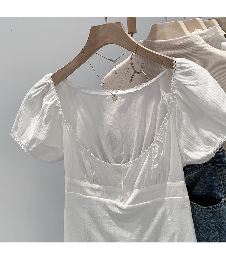 Chic French White Short-Sleeve Bubble Collar Top for Women