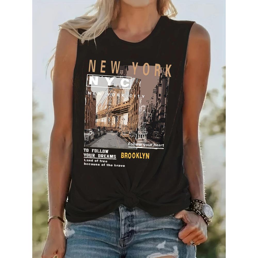 

Женская футболка без рукавов свободного кроя с круглым вырезом, дышащая рубашка с принтом, повседневная, большая, Нью-Йорк, лето 5XL