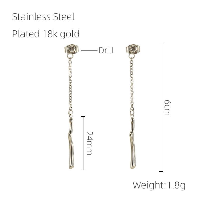 

New stainless steel tassel bamboo earrings feminine temperament light luxury diamond stud earrings 18K