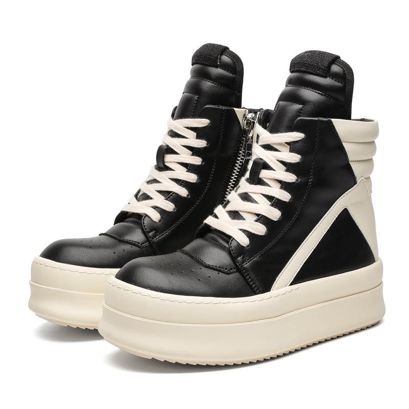 2024 Genuine Leather European & American Trendy Men's High-Top Black & White Thick-Soled Short Boots with Inverted Triangle Design