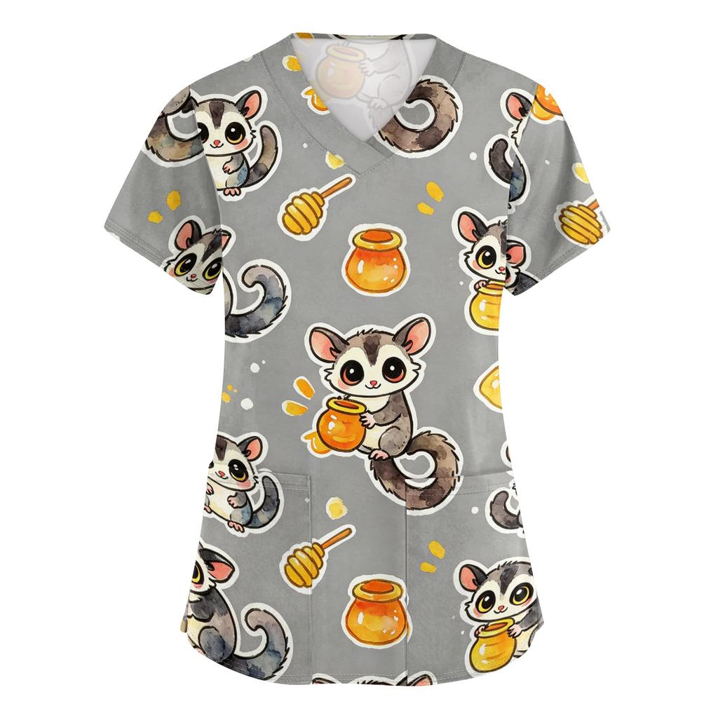 Women's V Neck Short Sleeve Work Top with Pockets Cute Animal Print Medical Scrub Shirt for Healthcare Professionals Nursing Uniform