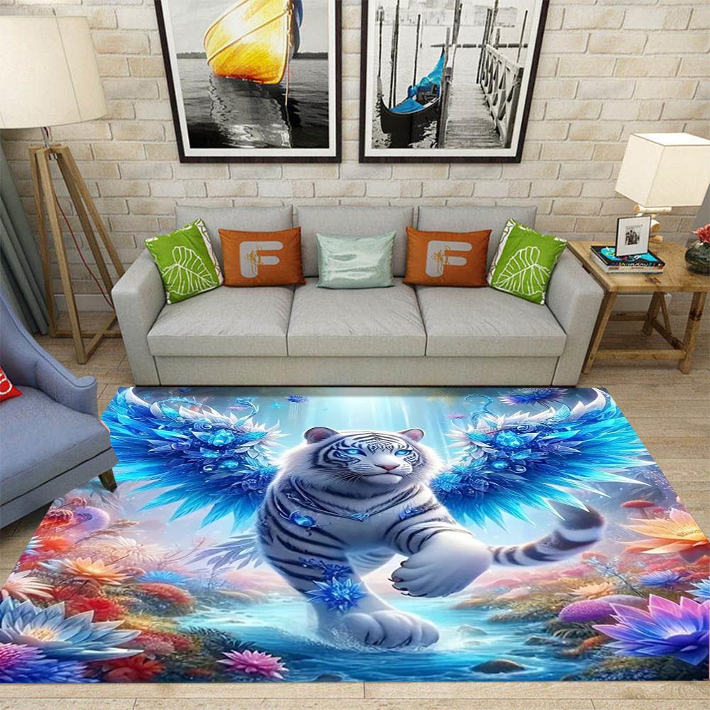 Dual Tiger with Ice Flame Effects Living Room Large Carpet  White Tiger Patterns Anti-slip Rug for Home Decor