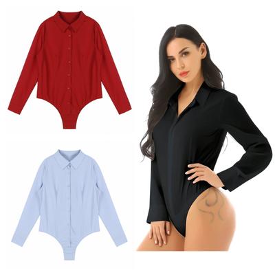 Women Bodysuit Turn-down Collar Slim Soild Color Jumpsuit Romper Leotard Top T-shirt