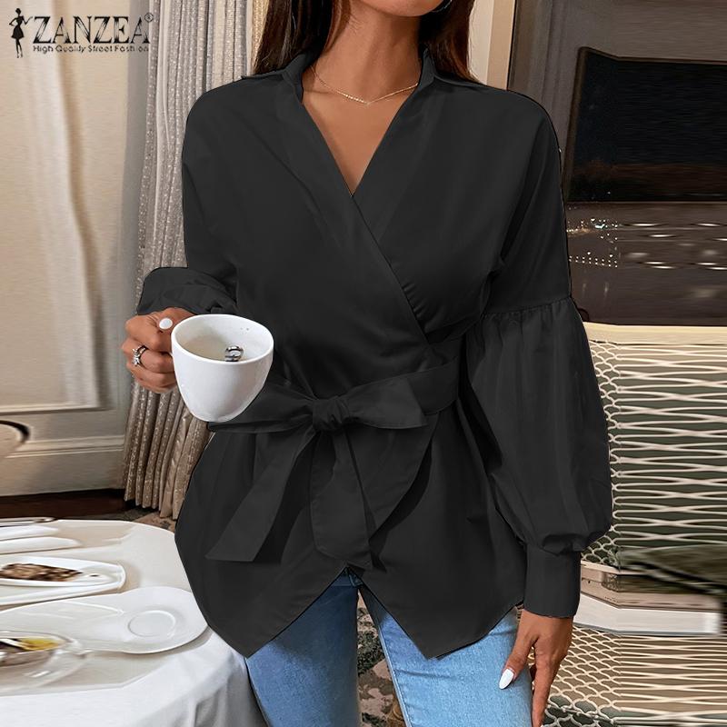

ZANZEA Весенняя женская блузка с длинным рукавом и баской, топы с баской и фонариком