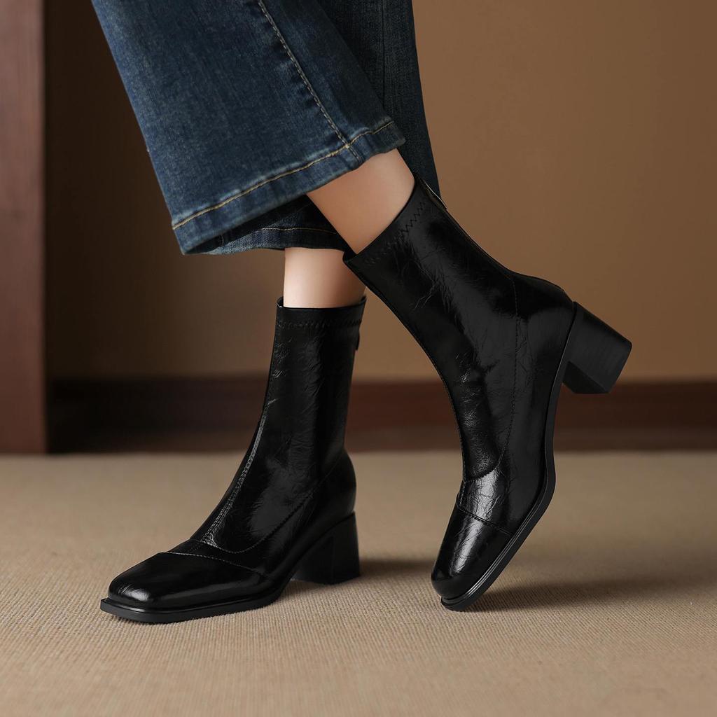 Krazing Pot Microfiber Square Toe Med Heels Elastic Boots Size 43 Slip On Women  Basic Design Ankle Boots