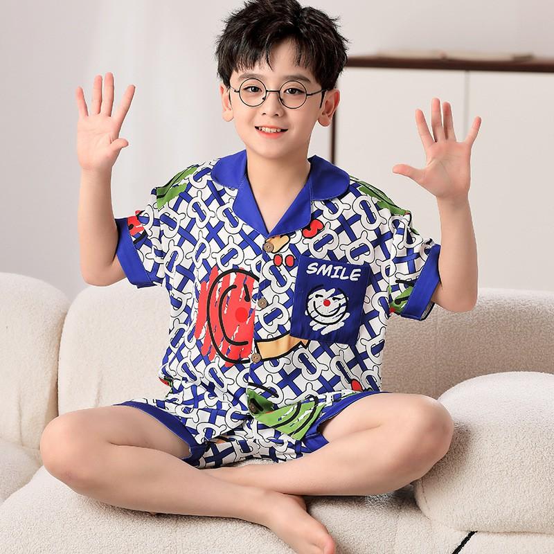 Boys Pajama Set Ice Silk Short Sleeve Cartoon Sleepwear Kids 8 Years Home Loungewear