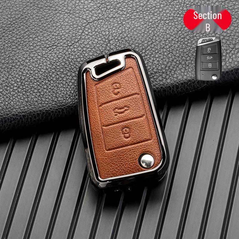 Volkswagen/Skoda Double-Sided Leather Zinc Alloy Car Key Case - Non-Signal Blocking, Full-Wrap Design