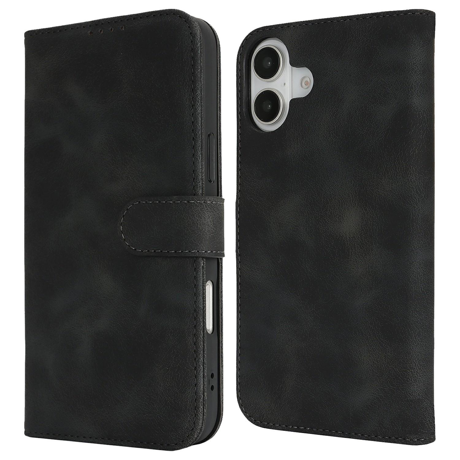 

For iPhone 16 Wallet Case Double Folded Edge Skin Touch PU Leather Flip Phone Cover Black