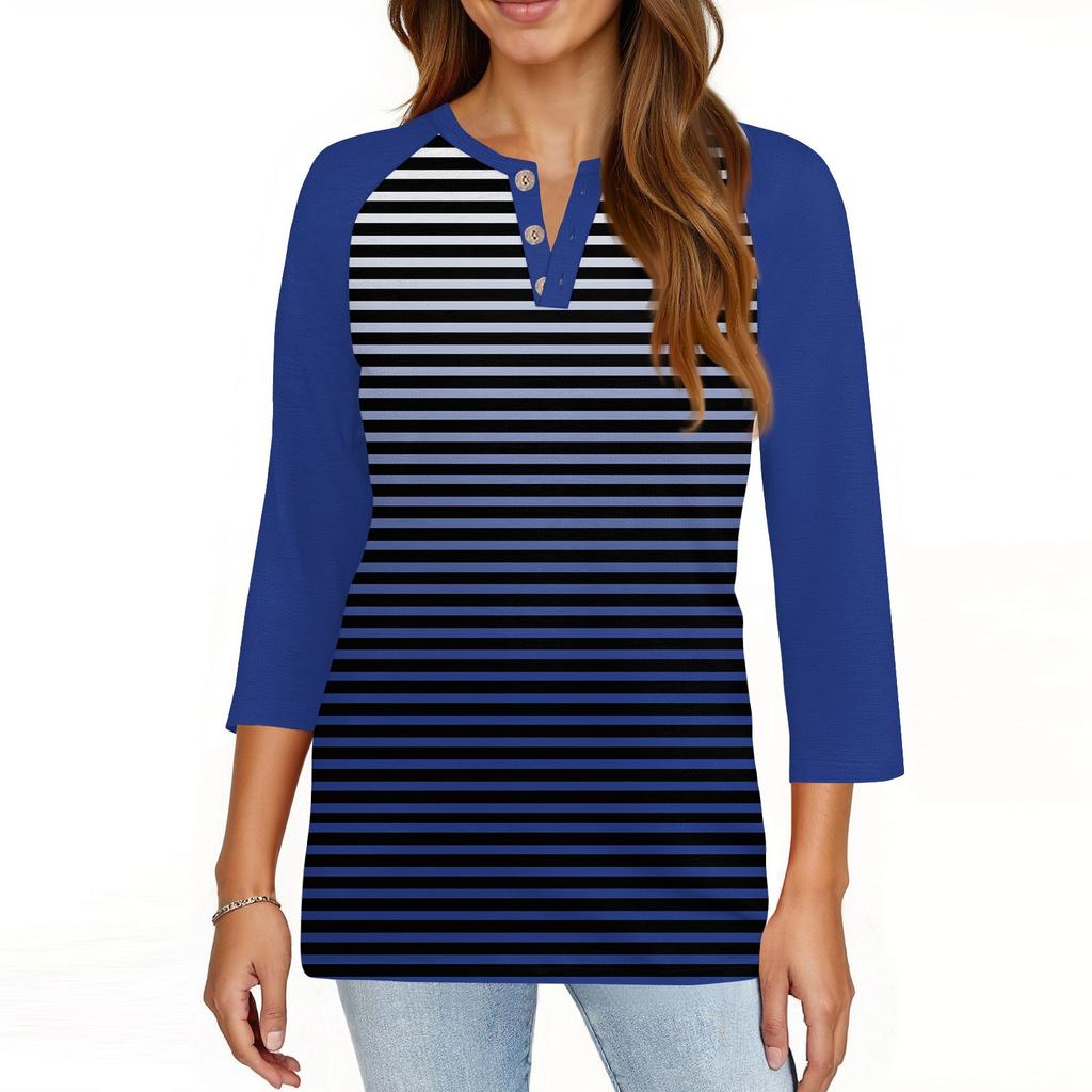 Women's T Shirt Print Button 3/4 Sleeve Daily Weekend Fashion Basic V- Neck Regular Top