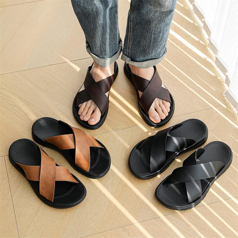 Fashion Slippers for Men Slippers Flat Leather Beach Shoes Ltalian Style Mens Slipper Quality Bathroom Men's Slide Sandals Large Size 47