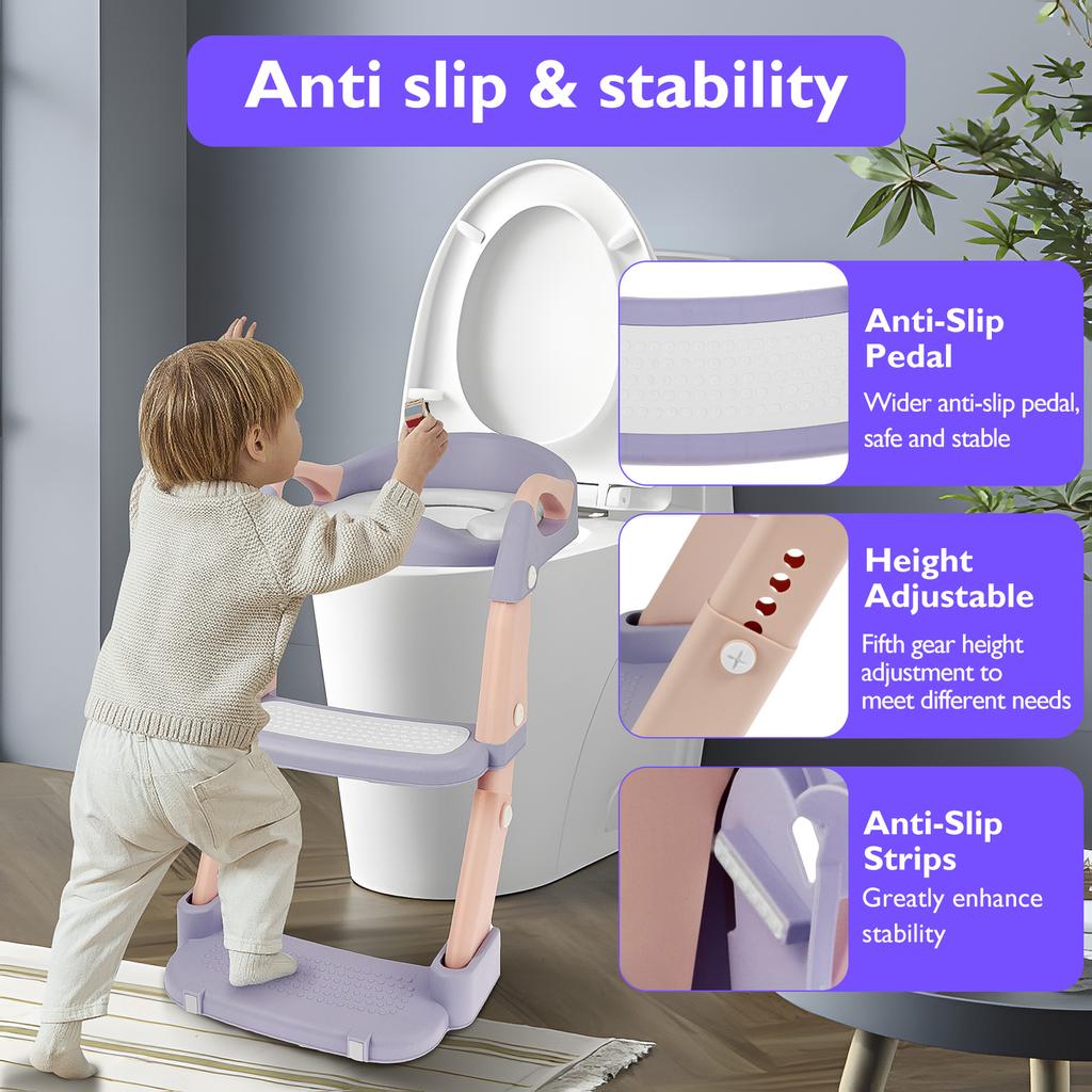 Children's Toilet Seat Stairway Adjustable Baby Toilet Folding Stand Step Stool Toilet Seat Ring with Nonslip Pad for Boys Girls