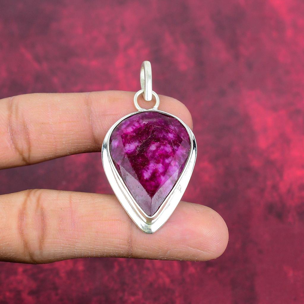 Pendentif en rubis zoïsite, bijoux en pierres précieuses, pendentif en argent sterling massif 925 fait à la main, bijoux de dernière conception