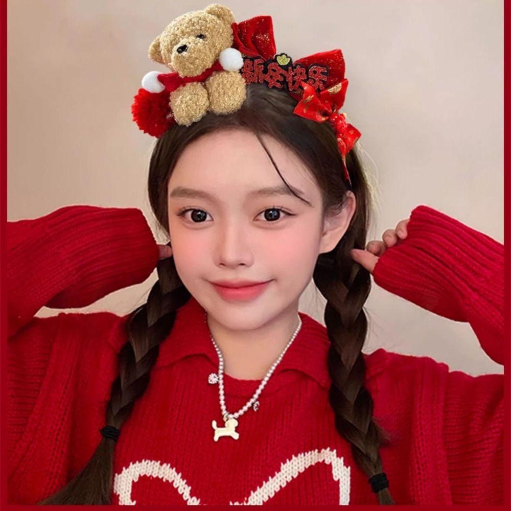 Cartoon Red Velvet Bow Hairband Pony Plush Hair Hoop Creative New Year Headband New Year Headpiece