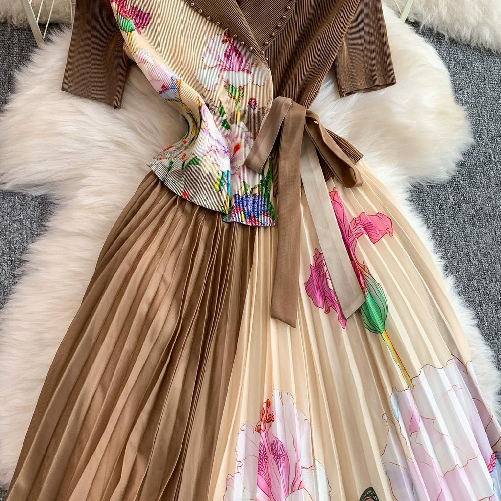 Summer Women Casual Plus Size Miyake Folds Print Beading Lace-up Oversize Loose Long Maxi Pleated Dresses