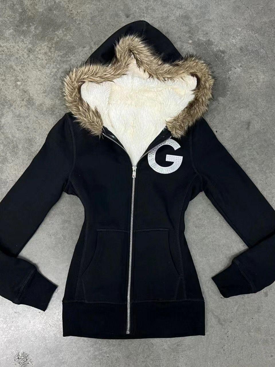 

Урожай лист хутряний комір з капюшоном светр осінь-зима блискавка Y2K ретро флісова куртка Harajuku вишивка плюшеві темні моди L сірий колір