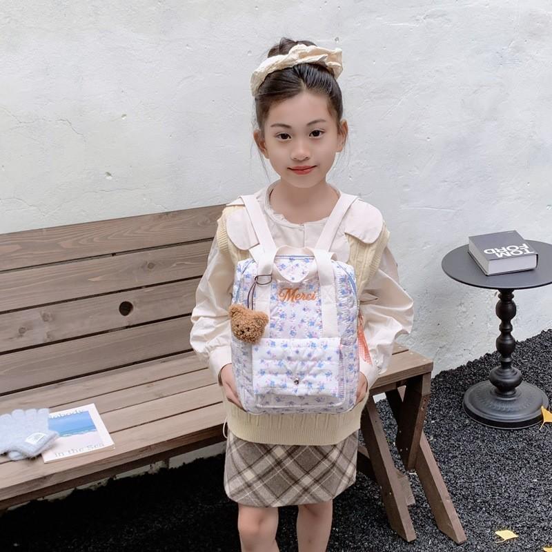 Kid Cotton Quilted Backpack With Floral Prints For School And Travel