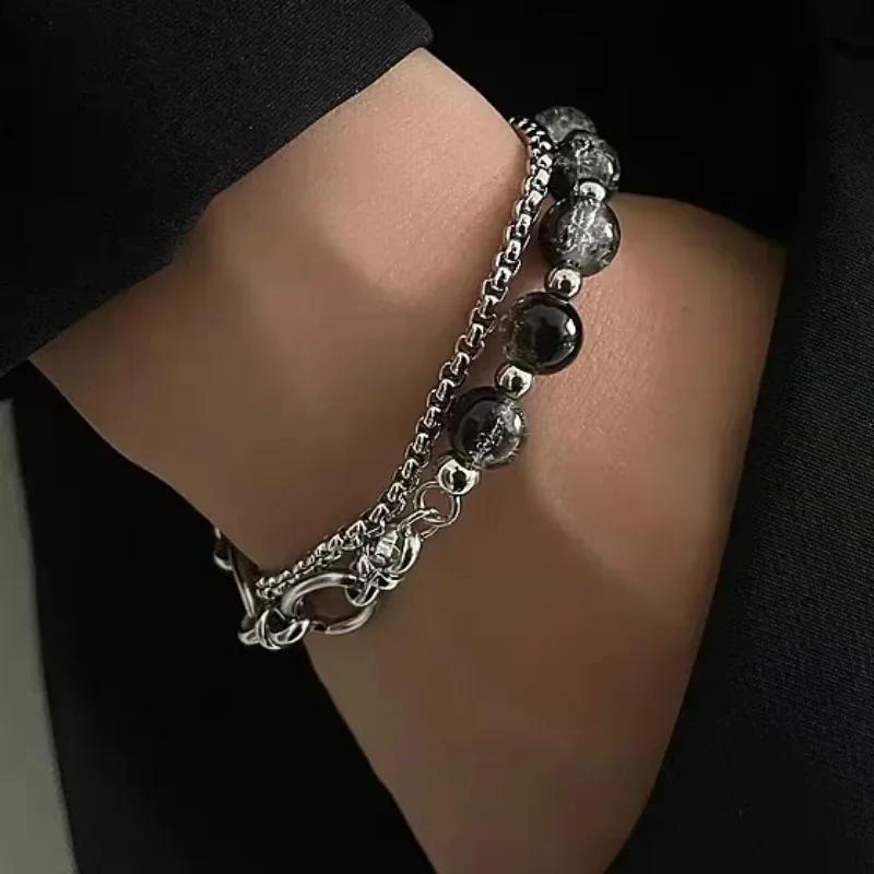 

Двухслойный браслет-цепочка с ледяным потрескавшимся жемчугом, титановый стальной браслет-сращивание, ретро-унисекс, нишевый дизайн