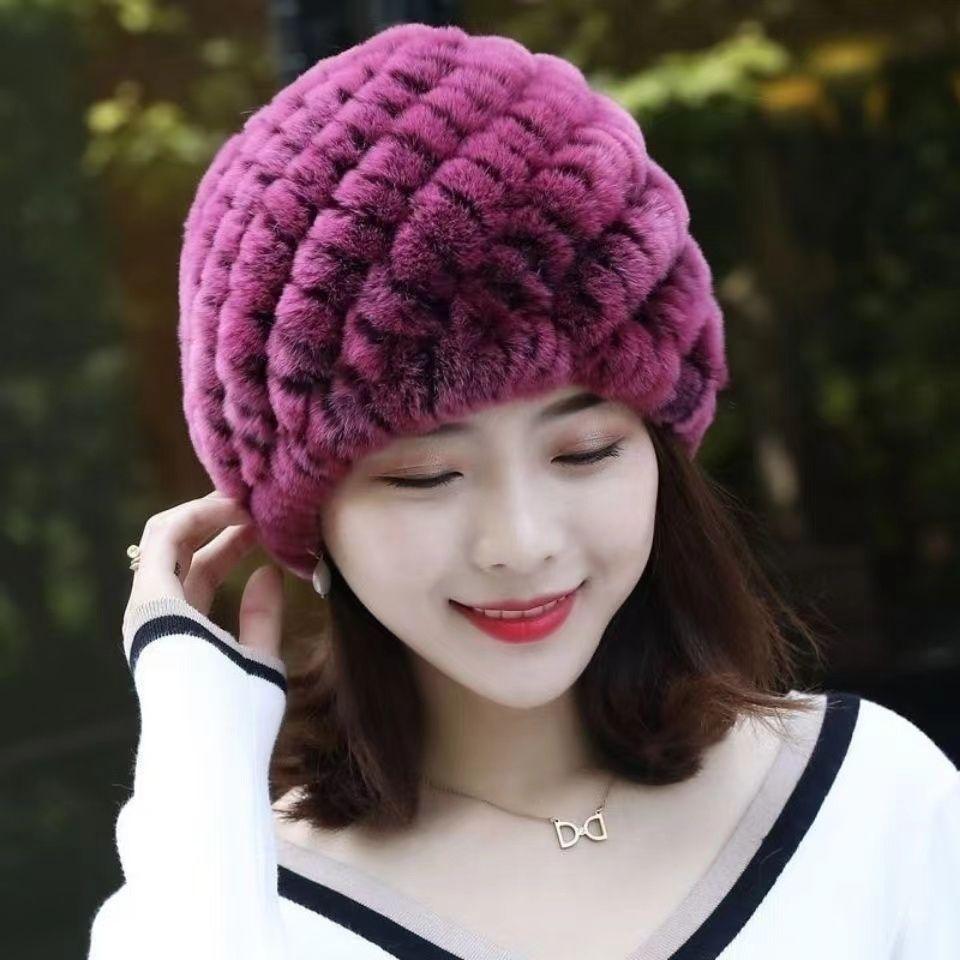 

Новая зимняя женская вязаная шапка из натуральной кожи и меха кролика рекс, модная теплая зимняя шапка