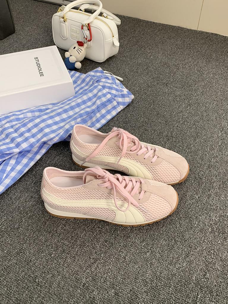 Cowhide~ Grape Mom Breathable Mesh German Training Shoes Women's Contrasting Color Lace-up Ugly Cute Forrest Gump Shoes Flat Casual Sports Shoes