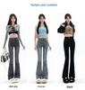 Women's High Waist Retro Smoke Gray Flared Jeans - Stylish Spring/Autumn Elastic Horseshoe Blue Pants