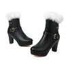 Winter Ankle Boots Women's with Warm Rabbit Fur Comfy Round Toe Chunky High Heels Shoes Soft PU Belt Footwear