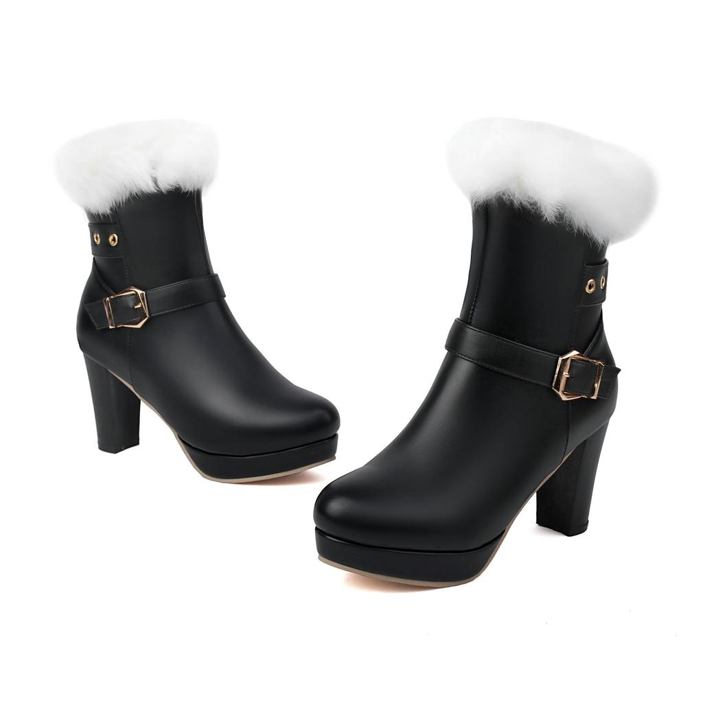 Winter Ankle Boots Women's with Warm Rabbit Fur Comfy Round Toe Chunky High Heels Shoes Soft PU Belt Footwear