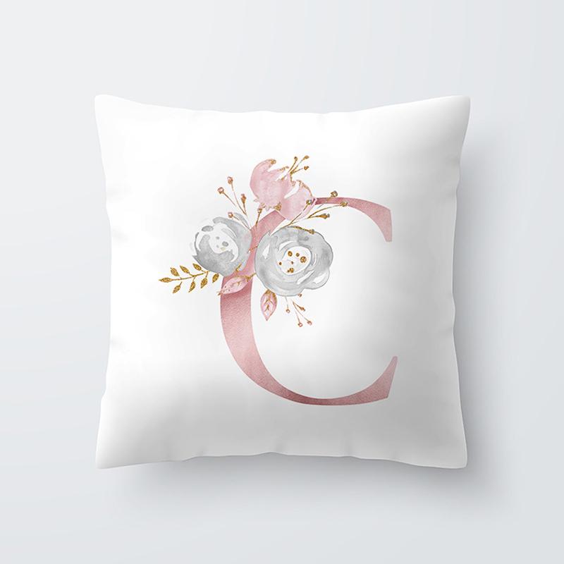 Pink Letter Decorative Floral Pillow Gold Alphabet Cushion for Sofa Polyester Pillowcase Decoration Salon