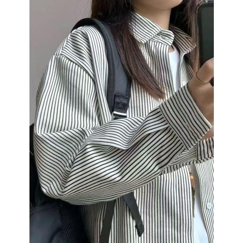 Black White Striped Long Sleeve Loose Fit Polo Shirt For Women Couple Casual Top