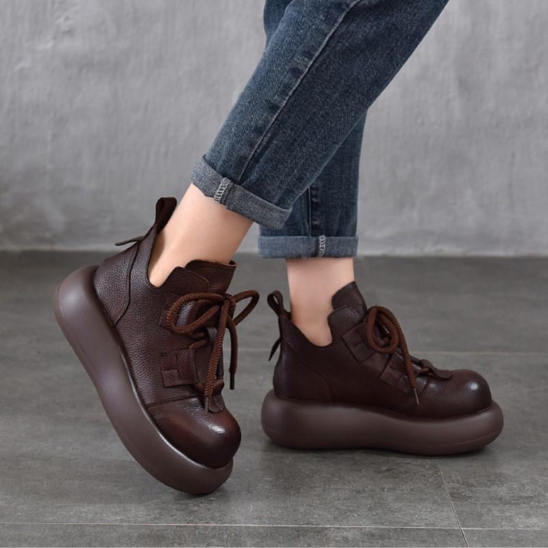Johnature Retro Lace Up Platform Short Boots Genuine Leather Thick Soled Round Toe Women's Boots