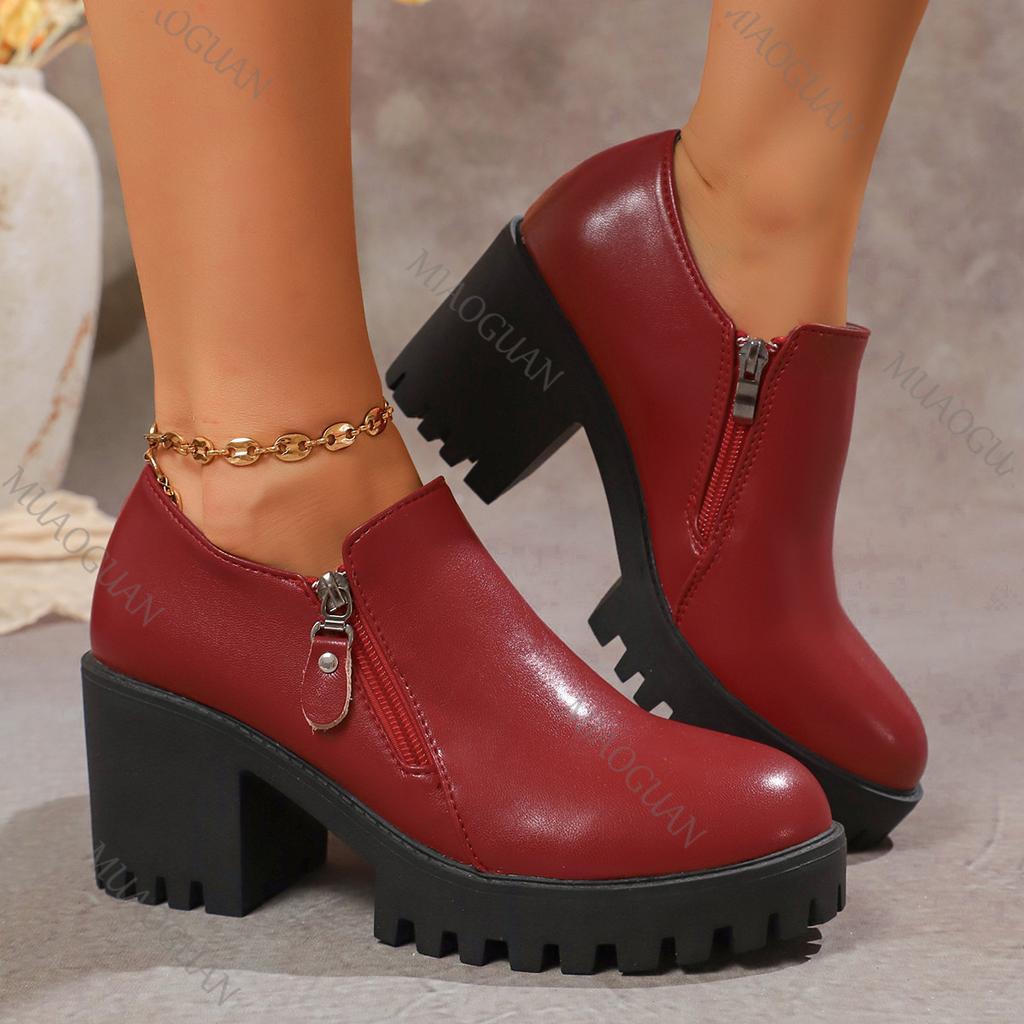 Fashion High Heels Women Leather Shoes 2025 Spring Autumn Thick Bottom Round Head Women Shoes Deep Mouth Side Zipper Pumps for Women