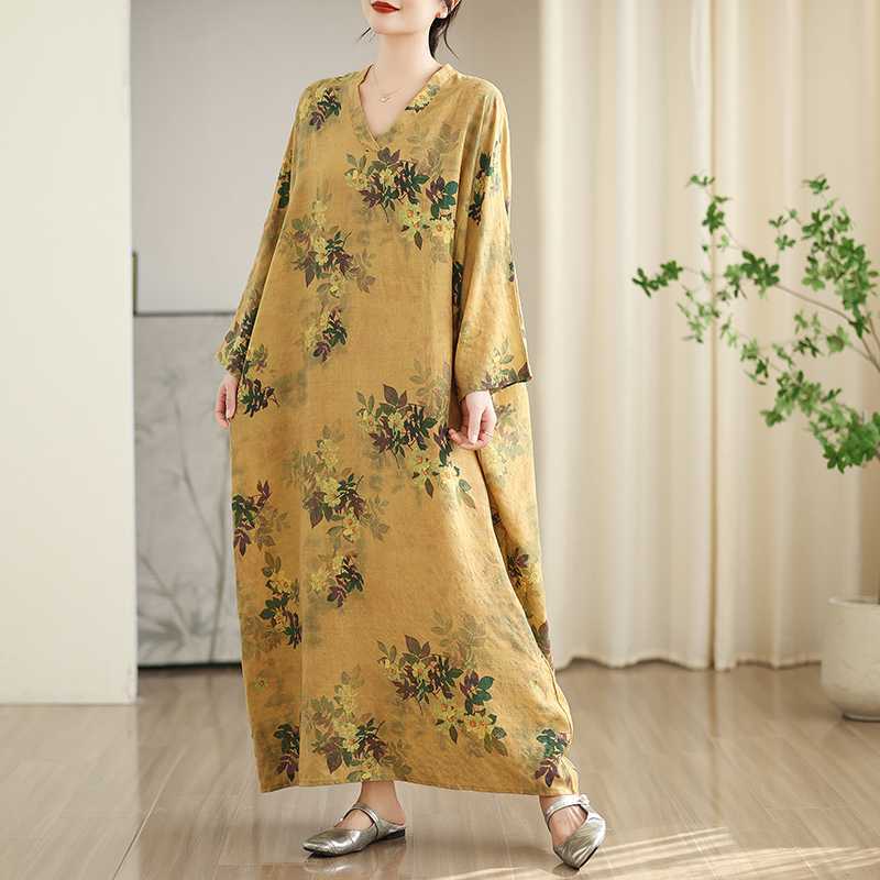 Colorful Vacation Style Travel V-neck Retro Long Skirt Cotton Linen Dress