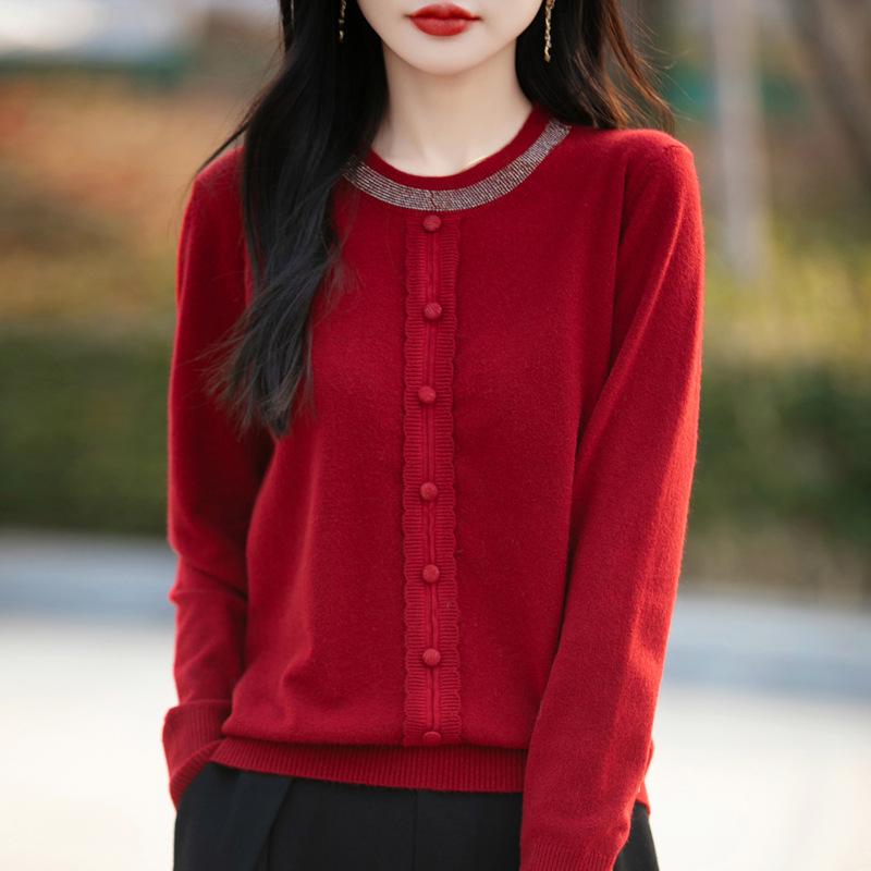 

Design Sense Rhinestone Round Neck Knitted Sweater for Women - 2025 Spring Fashion: Stylish, Loose-Fit Woolen Top XXL