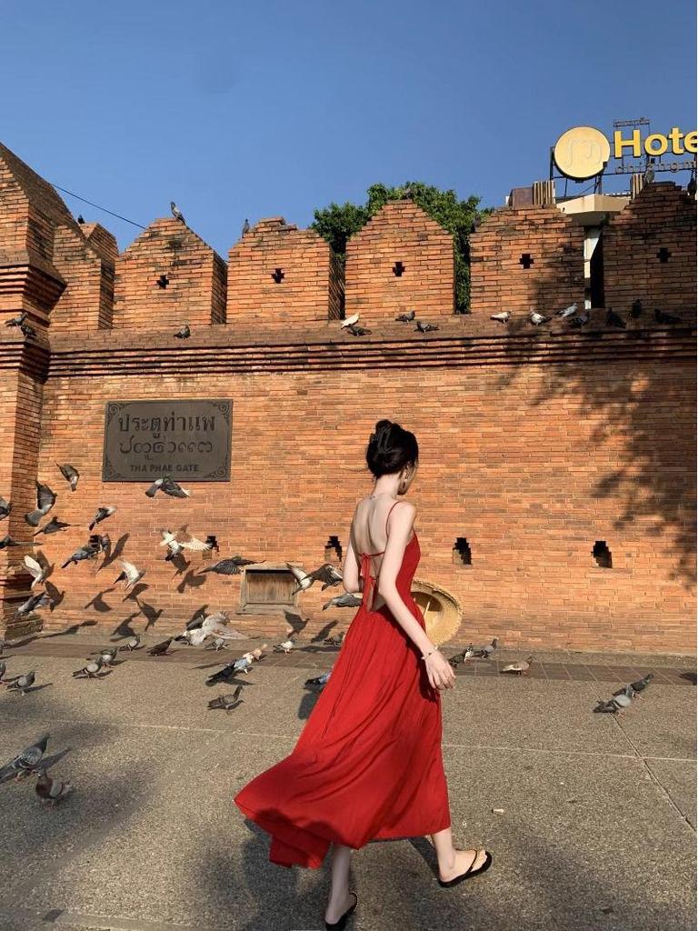 Women's Sexy Backless Red Slip Dress - Perfect for Beach Vacations and Photos