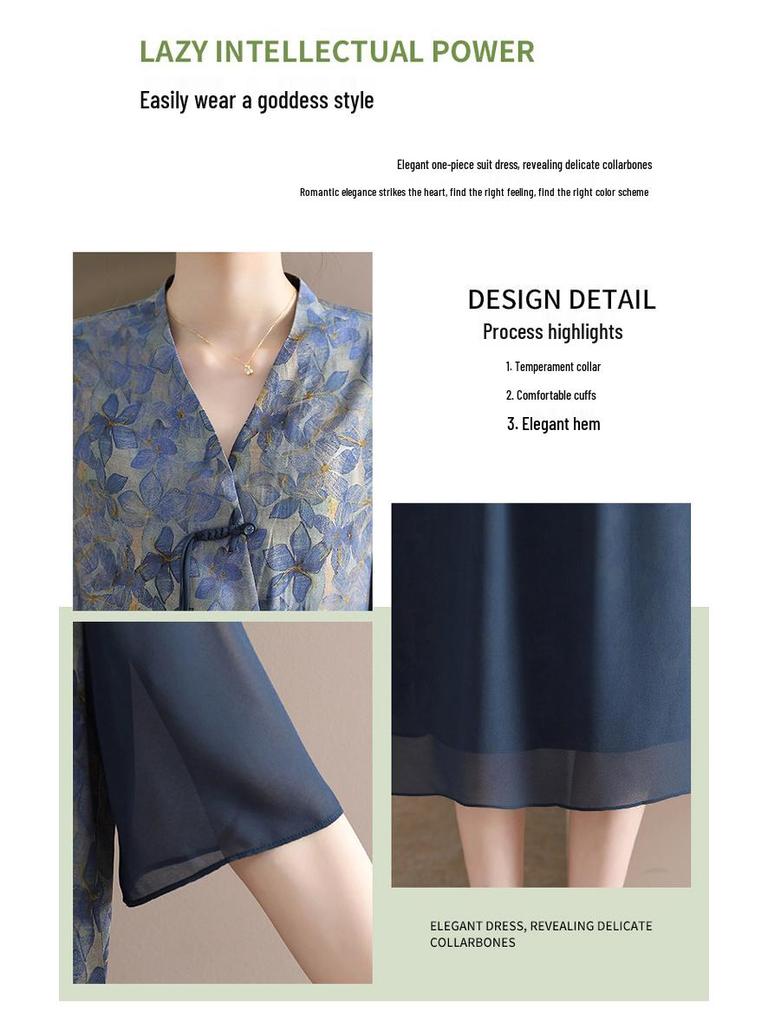 Summer Chinese-Style Blouse & Midi Skirt Set for Middle-Aged Women