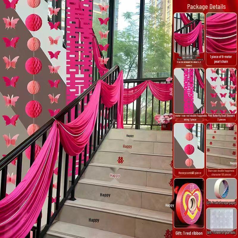 Elegant Stair Handrail Decorations: Gauze Curtains, Red Banners, Lanterns, and Flowers for Wedding Halls