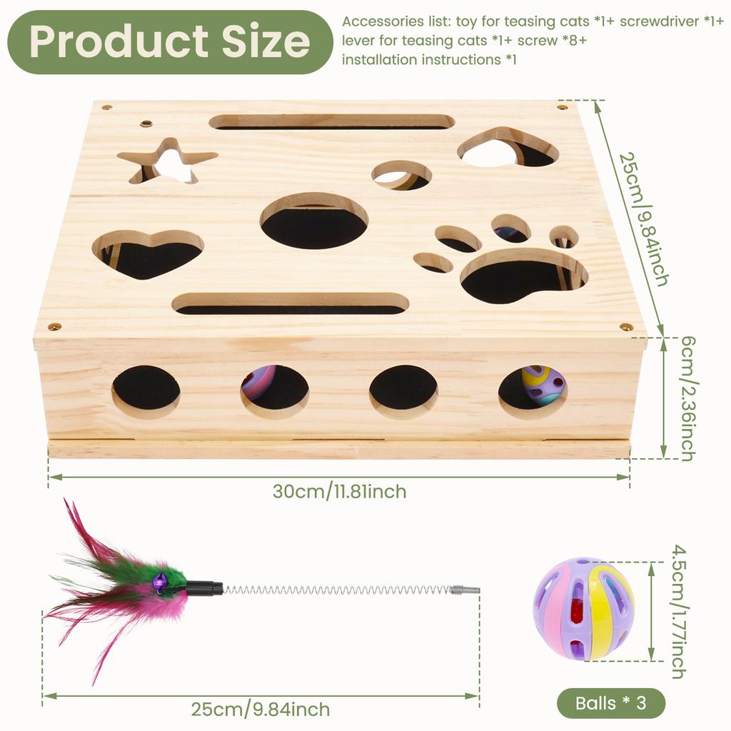 Interactive Cat Puzzle Toy Nail File Scratch Board Enrichment Box Wooden with 3 Bell Ball for Pet Exercise Boredom Relief