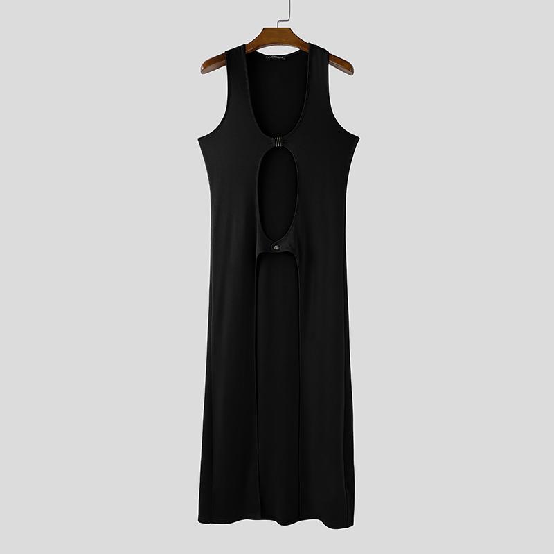 INCERUN Men U Neck Sleeveless Cutout Button Casual Long Tanks Cardigan