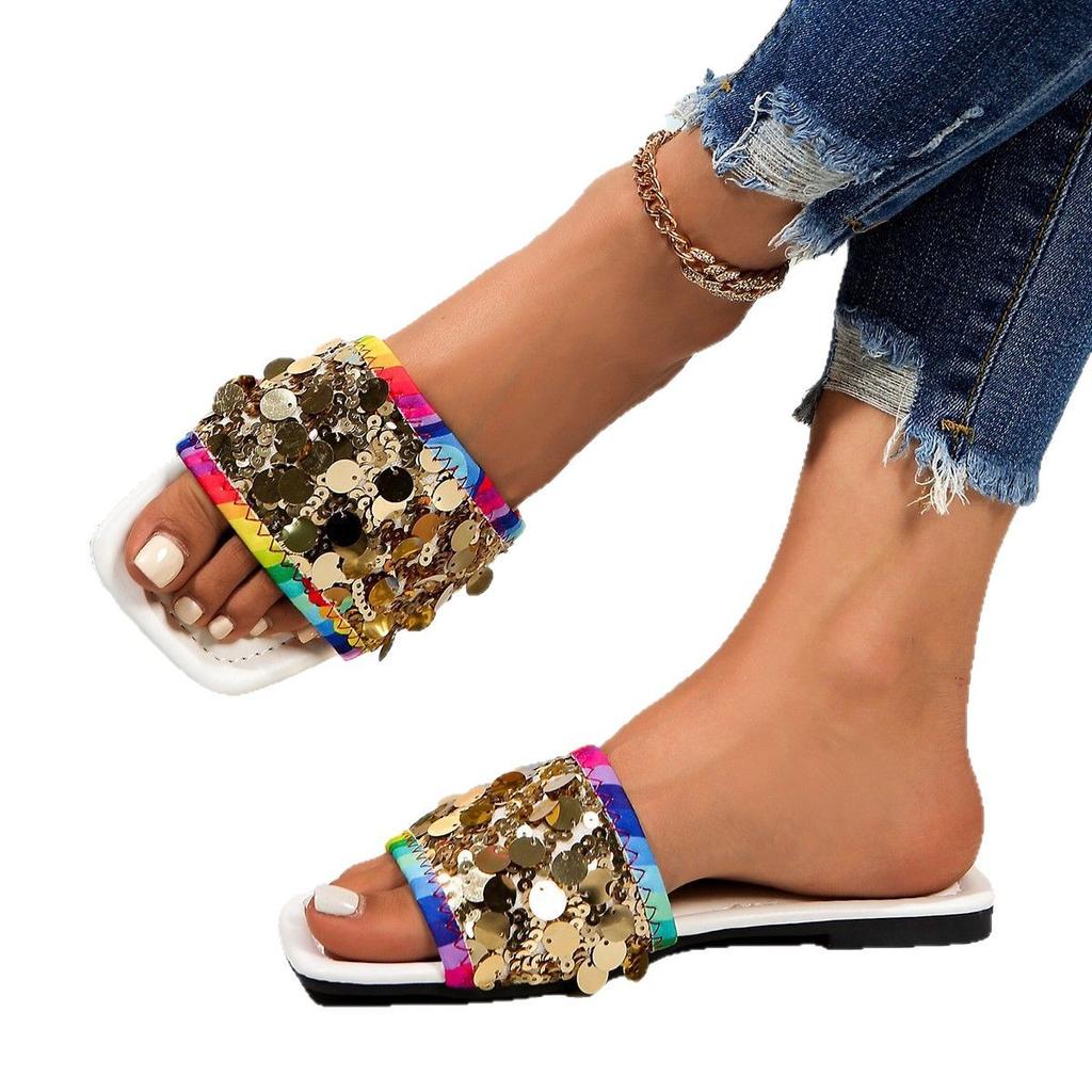 Flat-bottomed sequined cool slippers women's summer new square head wear large size 44 one-word slippers