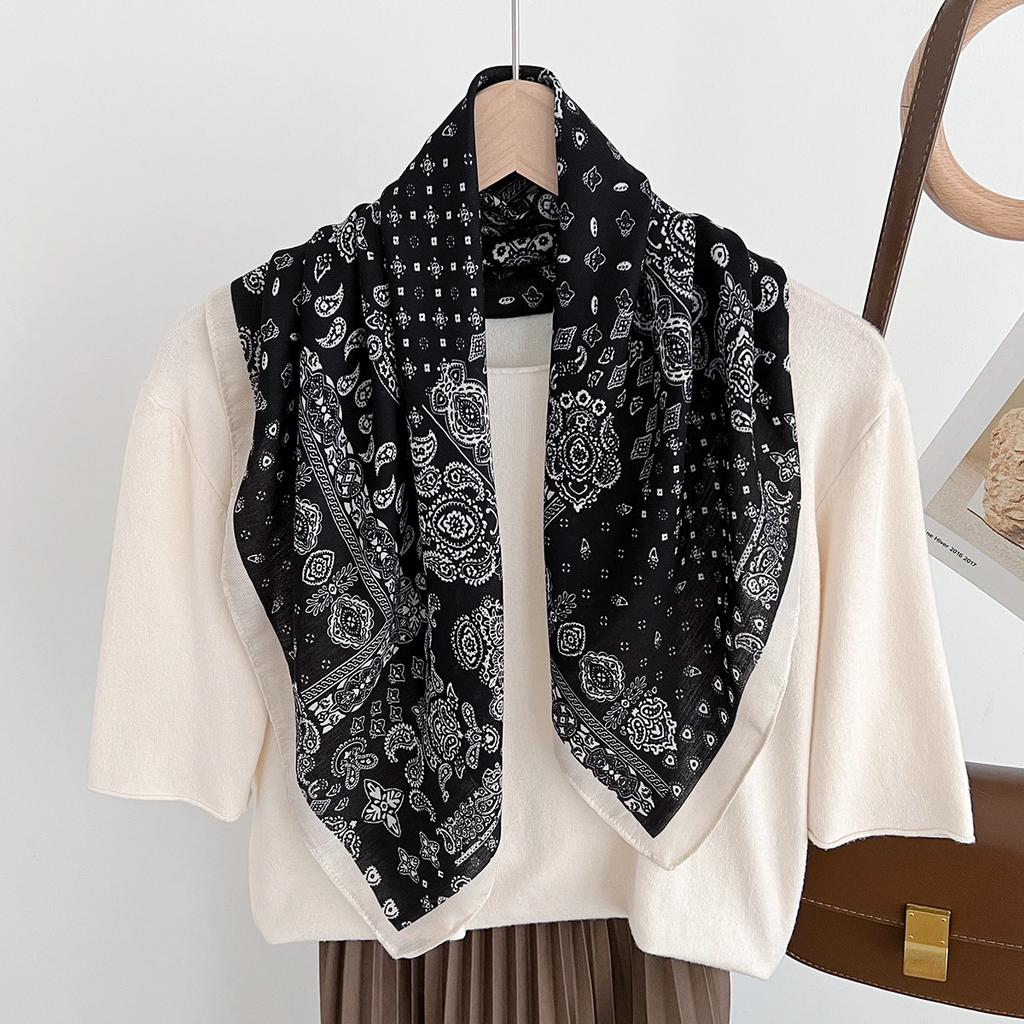 Retro high-end black and white cashew flower silk cotton square scarf, scarf decorative belt, silk scarf with shirt temperament scarf