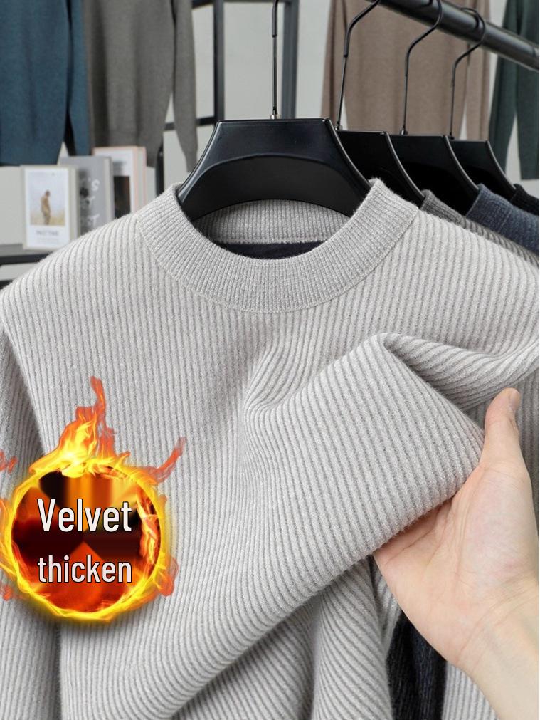 2025 Winter Men's Plus Velvet Round Neck Sweater: Casual, Simple, Warm Knitwear for Middle-Aged Comfort