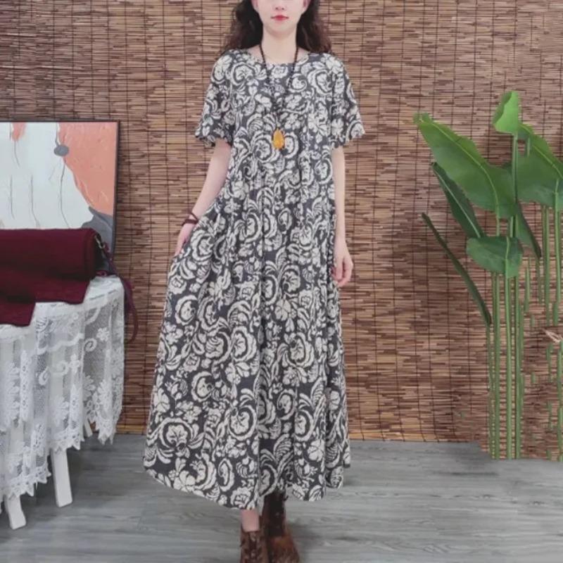 Literary Retro Floral Dress Women's New Summer Round Neck Loose Printed Cotton Linen Skirt