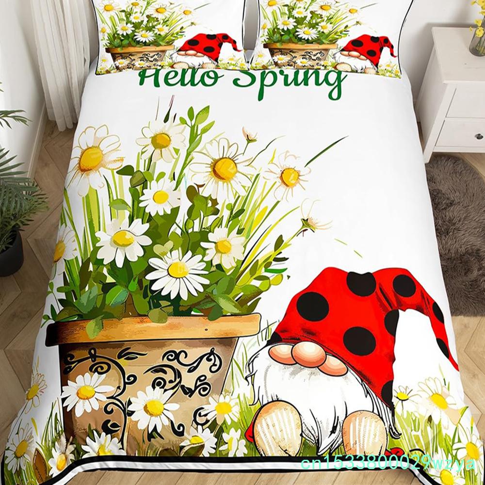 Purple Lavender Dwarf Duvet Cover King Queen Kawaii Cartoon Gnome Bedding Set Spring Flowers Comforter Cover Floral Quilt Cover
