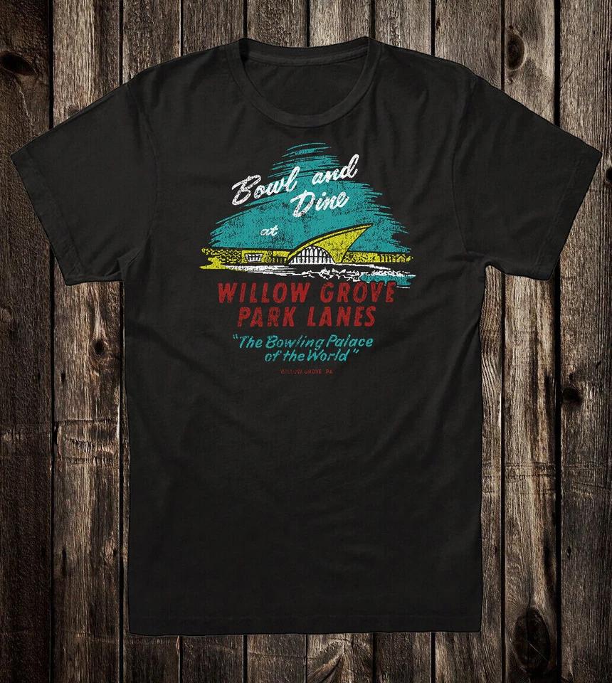 

Retro Travel T-Shirt Vtg Art Souvenir Bowling Alley Willow Grove Park Lanes PA 4XL