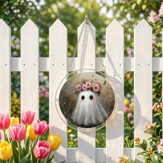 Durable Acrylic Halloween Suncatcher Jigsaw Puzzle Set, Spooky Ghost Floral Meadow Window Hanging Ornament with Metal Porch Decoration Frame & Chain,