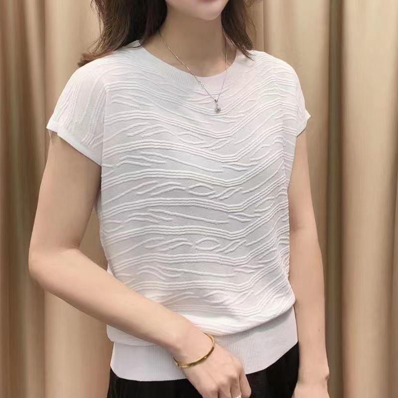 Summer Short Sleeve Knitted New 3D Wave Fashion Casual Loose Ice Silk Shirt Westernized Top
